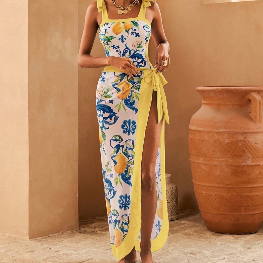 Multicolor Boho Women's Lemon Print One-Piece Suit with Sarong Skirt